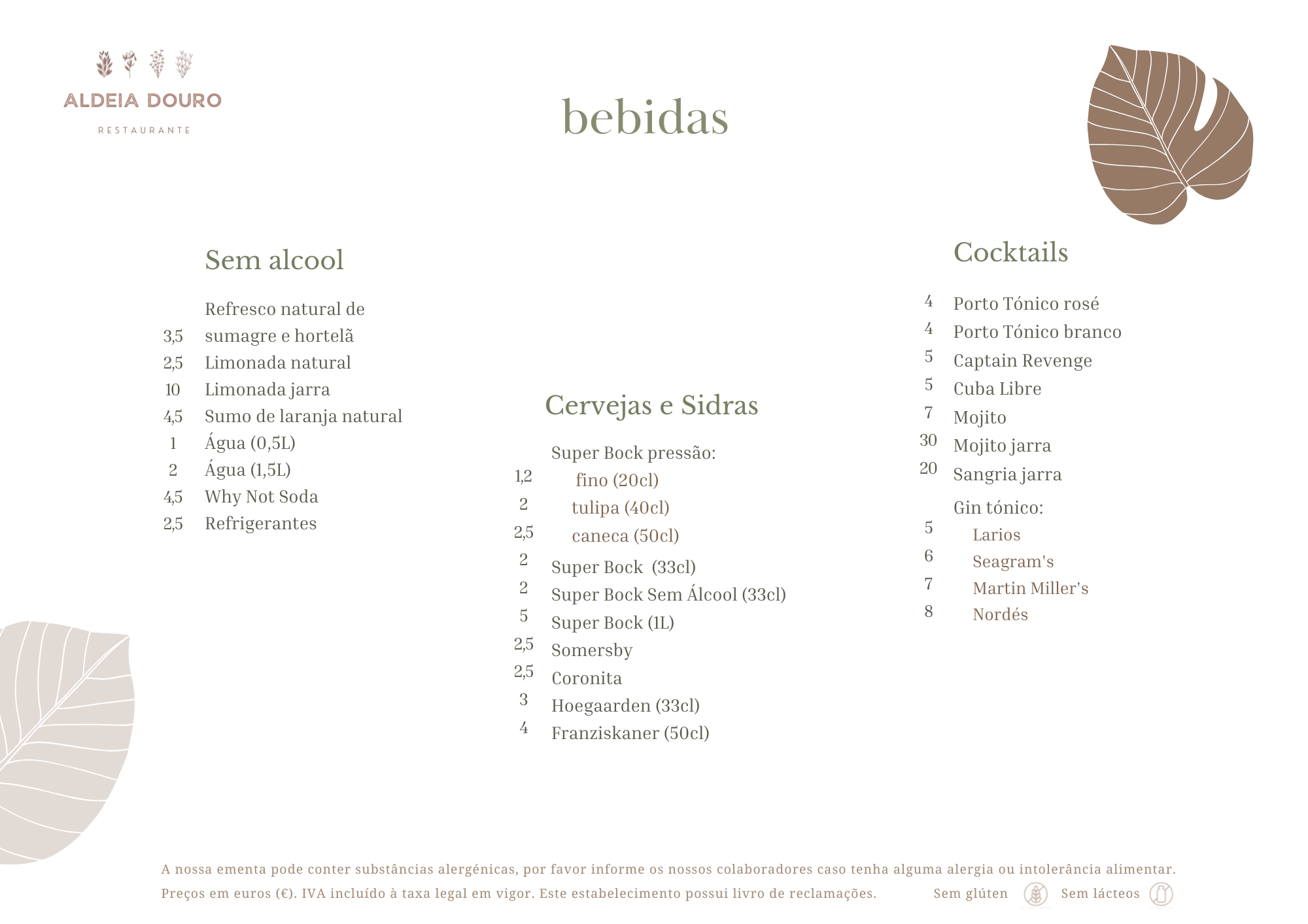 Ementa 2025 OUTONO INVERNO aldeia douro - Bebidas