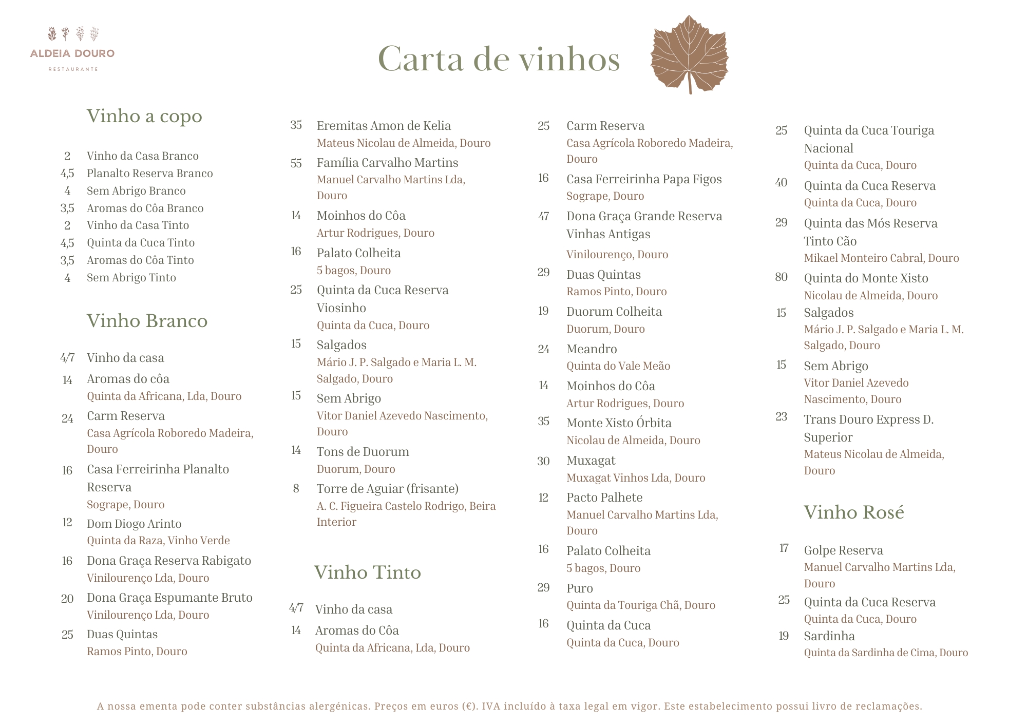 Ementa 2025 OUTONO INVERNO aldeia douro - Carta de Vinhos